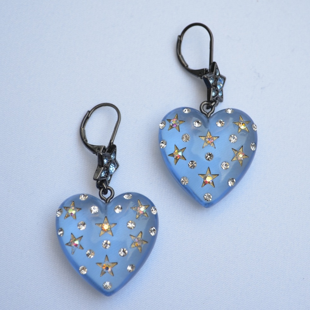 SOLDBetsey Johnson Heavens to Betsey Blue Lucite Puffy Heart Rhinestone Earrings